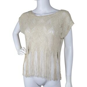 Y2K Fringe Top Womens Large Champagne Metallic Crochet Boho Festival‎ Sparkle